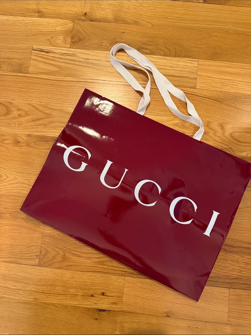 Gucci Glossy Wine Red Tote with White Logo | 19” width